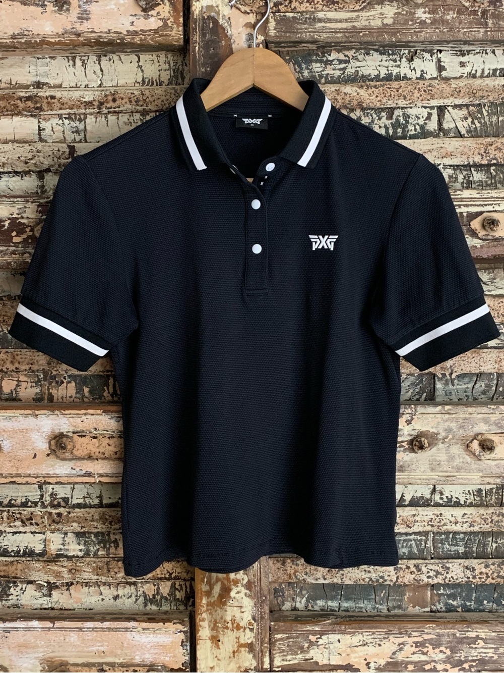 PXG Women’s Contrast Trim Black & White Performance Golf Polo Hemmed Cropped, XS